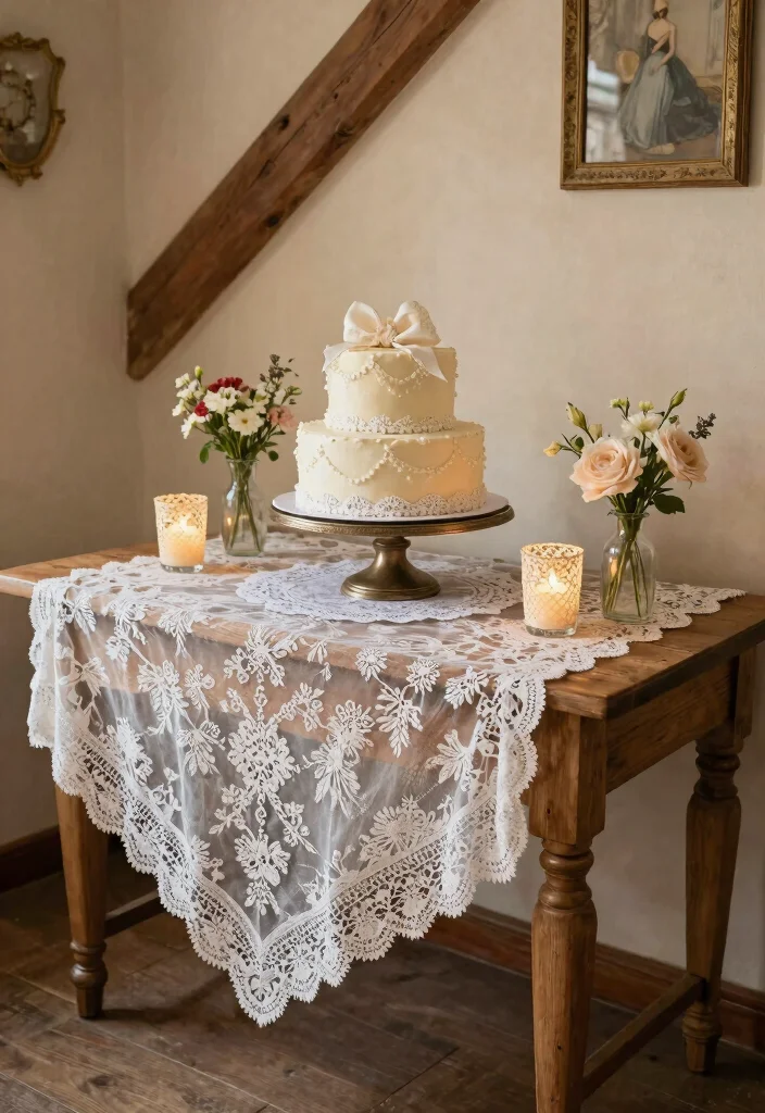 12 Wedding Cake Table Decoration Ideas That Look Well Styled 12 12 Wedding Cake Table Decoration Ideas That Look Well Styled 2. Vintage Lace Touches 0