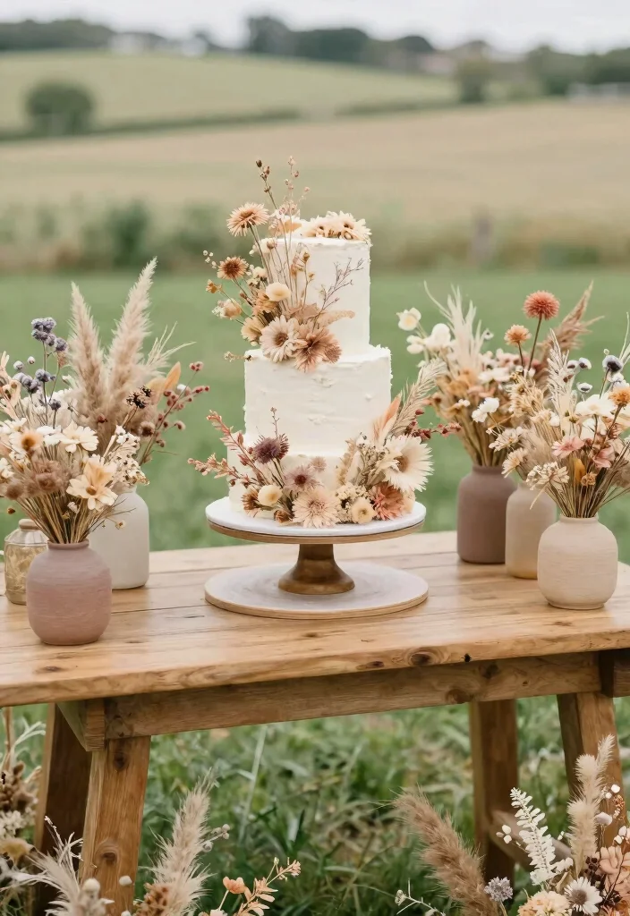 12 Wedding Cake Table Decoration Ideas That Look Well Styled 25 12 Wedding Cake Table Decoration Ideas That Look Well Styled 5. Whimsical Dried Flowers 0
