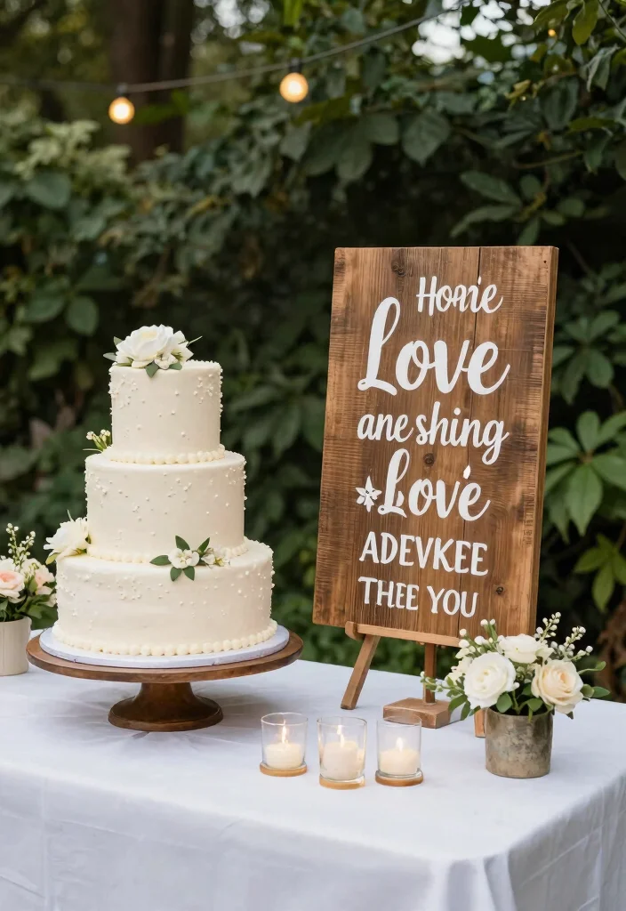 12 Wedding Cake Table Decoration Ideas That Look Well Styled 27 12 Wedding Cake Table Decoration Ideas That Look Well Styled 7. Fun Signage 0