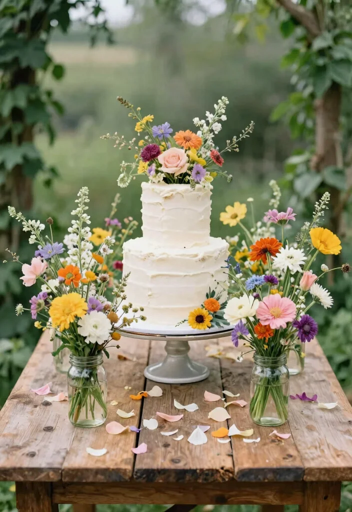 12 Wedding Cake Table Styling Ideas for a Beautiful Display 1. Wildflower Accents 0
