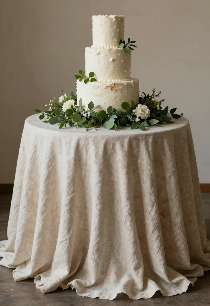 12 Wedding Cake Table Styling Ideas for a Beautiful Display 8. Eco Friendly Linens 0