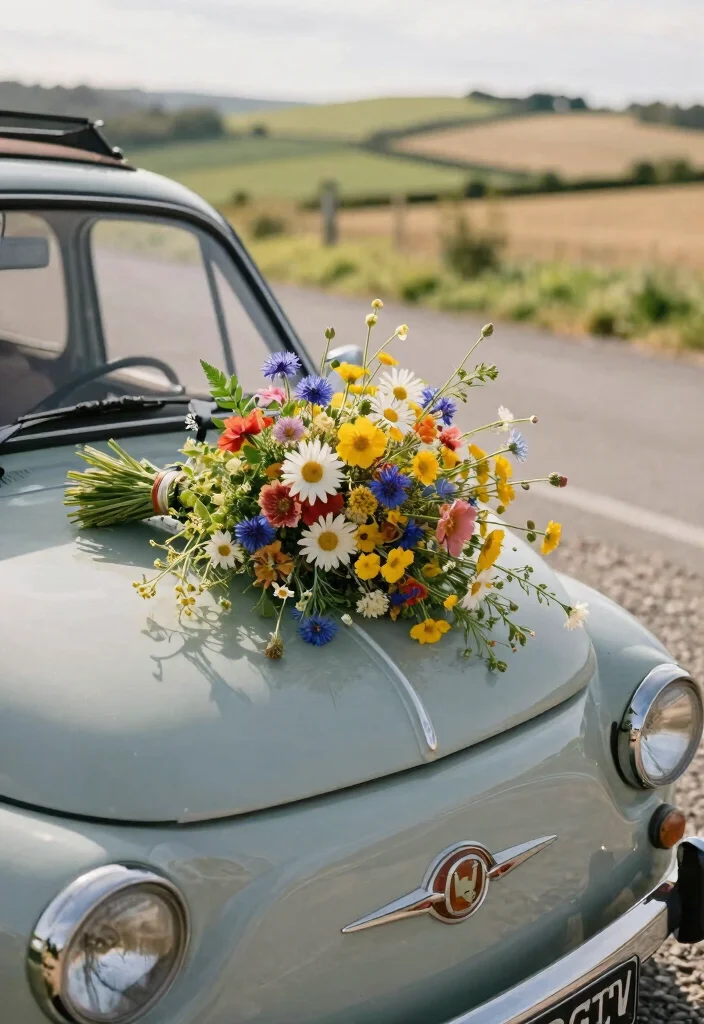 12 Wedding Car Decoration Ideas That Feel Tasteful and Romantic 1. Rustic Wildflower Bouquets 0