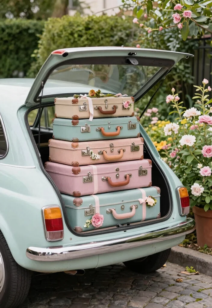 12 Wedding Car Decoration Ideas That Feel Tasteful and Romantic 5. Vintage Suitcase Decor 0