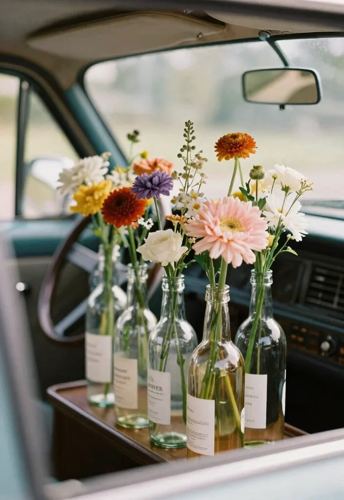 12 Wedding Car Decoration Ideas That Feel Tasteful and Romantic 7. Vintage Bottles as Centerpieces 0