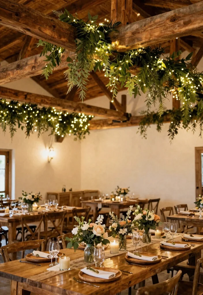 12 Wedding Ceiling Decoration Ideas That Add Visual Impact 4. Rustic Beams and Greenery 0