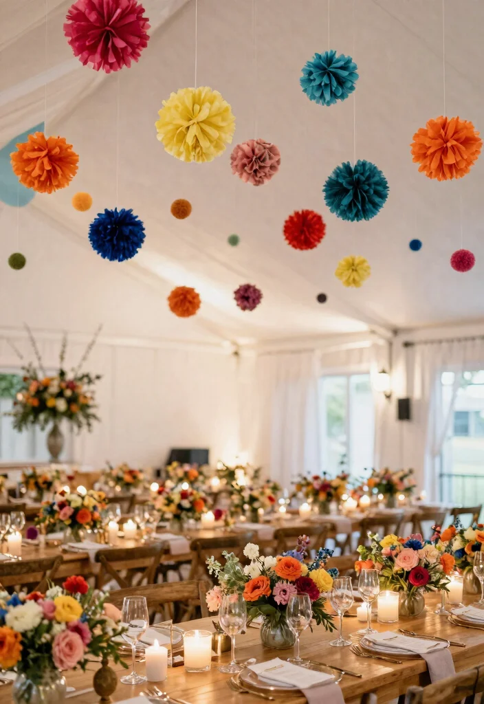 12 Wedding Ceiling Decoration Ideas That Add Visual Impact 6. Colorful Pom Poms 0