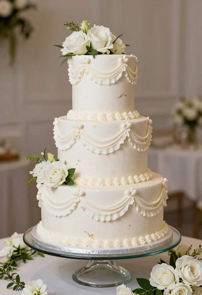 12 White Wedding Cake Ideas That Never Go Out of Style 1. Classic Tiered Elegance 0