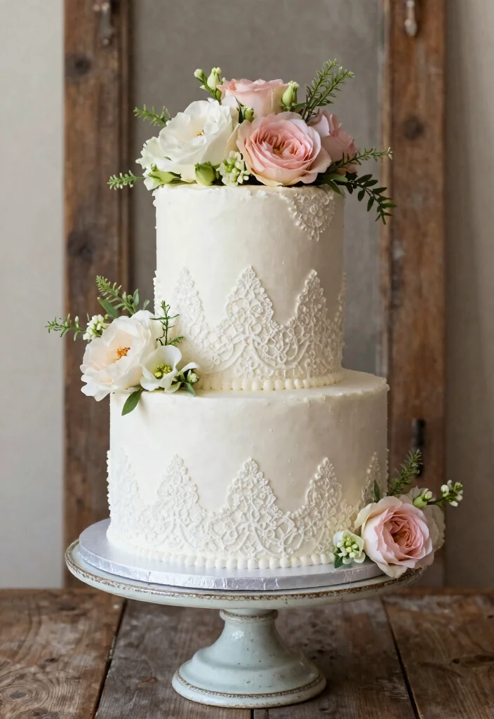 12 White Wedding Cake Ideas That Never Go Out of Style 2. Elegant Lace Designs 0