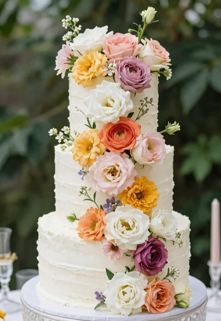 12 White Wedding Cake Ideas That Never Go Out of Style 4. Floral Cascade 0