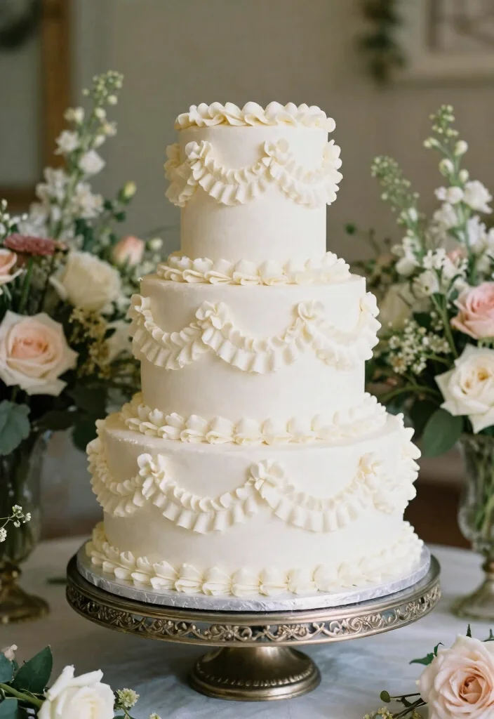 12 White Wedding Cake Ideas That Never Go Out of Style 6. Vintage Ruffles 0