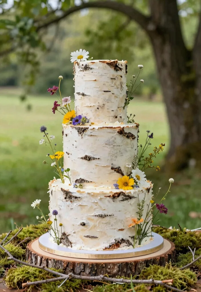 12 Wildflower Wedding Cake Ideas for Outdoor Weddings 15 12 Wildflower Wedding Cake Ideas for Outdoor Weddings 5. Rustic Charm with Birch Bark 0