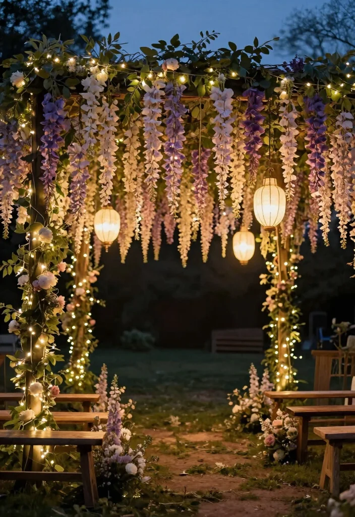14 Wedding Backdrop Decoration Ideas for Beautiful Photo Moments 7. Hanging Flowers and Lanterns 0