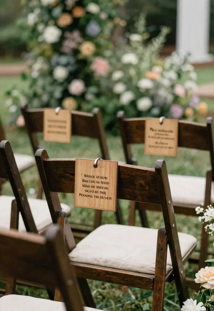 14 Wedding Chair Decoration Ideas That Elevate the Ceremony Look 53 14 Wedding Chair Decoration Ideas That Elevate the Ceremony Look 13. Engraved Wooden Tags 0