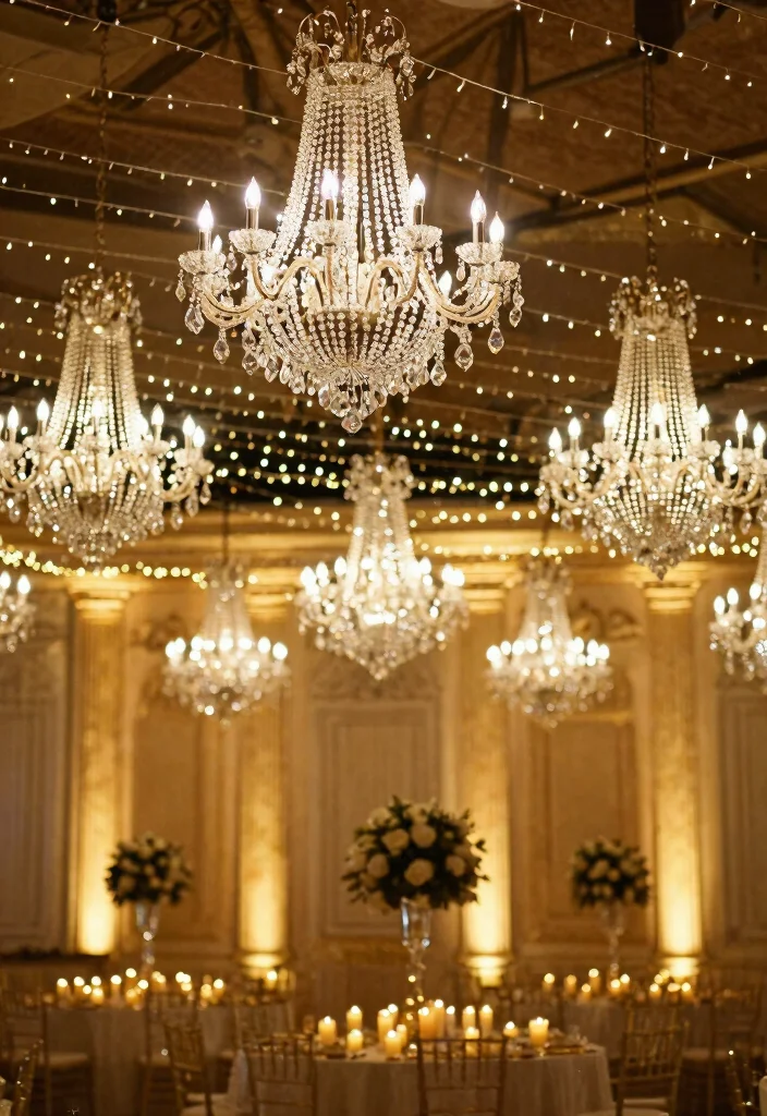 14 Wedding Hall Decoration Ideas That Feel Grand and Polished 23 14 Wedding Hall Decoration Ideas That Feel Grand and Polished 3. Statement Lighting 0