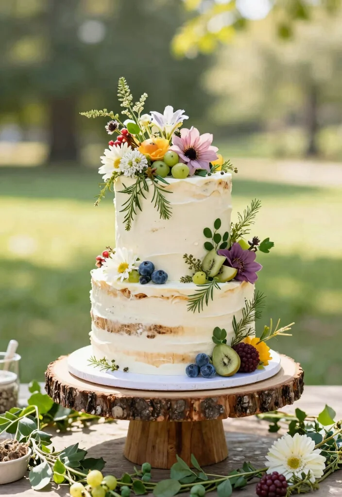 16 Outdoor Wedding Decoration Ideas That Feel Natural and Stylish 13. Organic Cake Displays 0