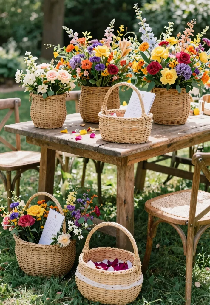 16 Outdoor Wedding Decoration Ideas That Feel Natural and Stylish 4. Woven Baskets as Decor 0