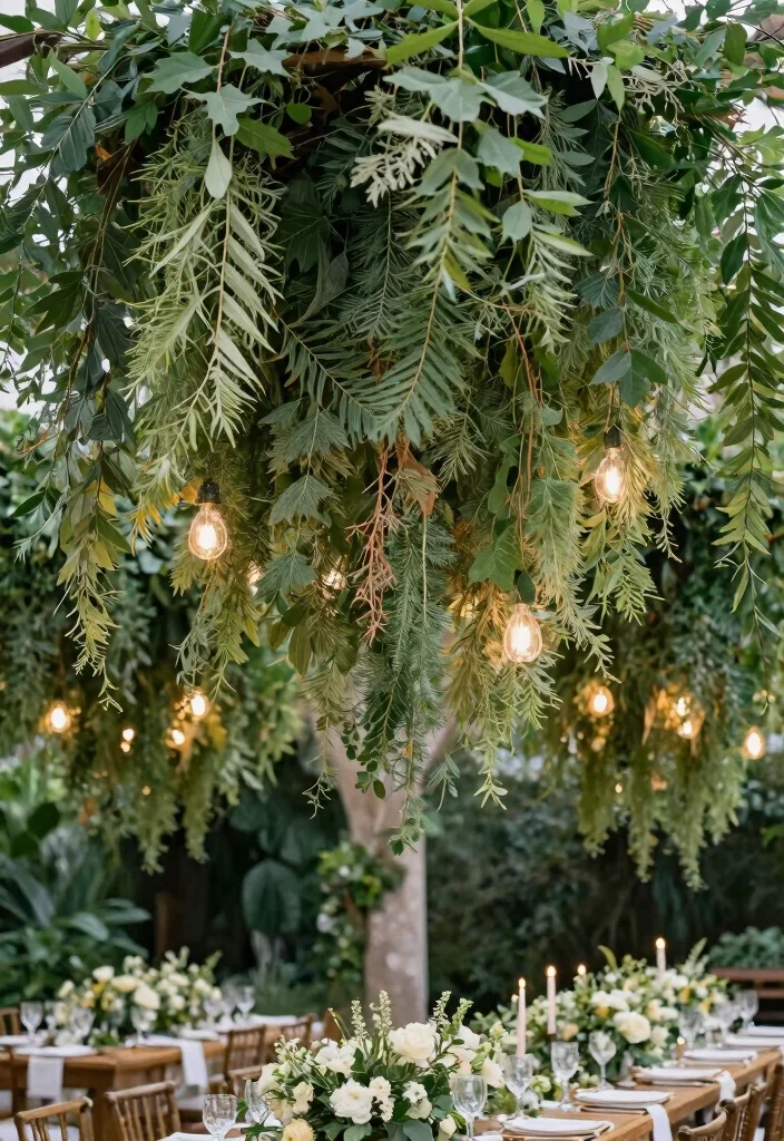 16 Outdoor Wedding Decoration Ideas That Feel Natural and Stylish 9. Hanging Greenery Installations 0