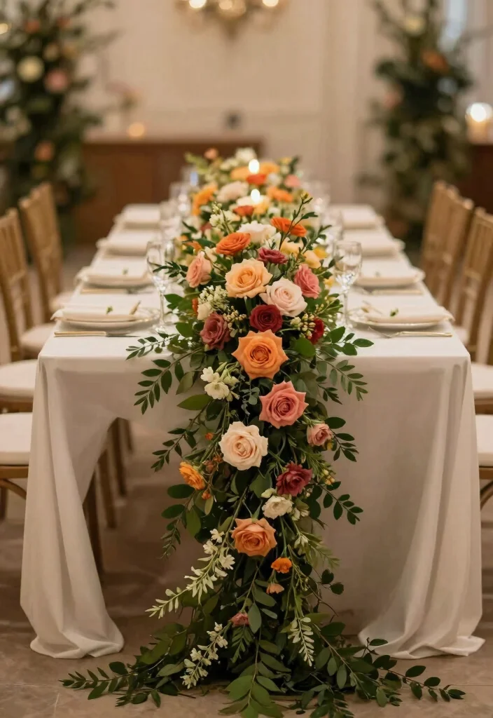 16 Table Decoration Ideas for Weddings That Work for Any Theme 11. Floral Garland Table Decor 0