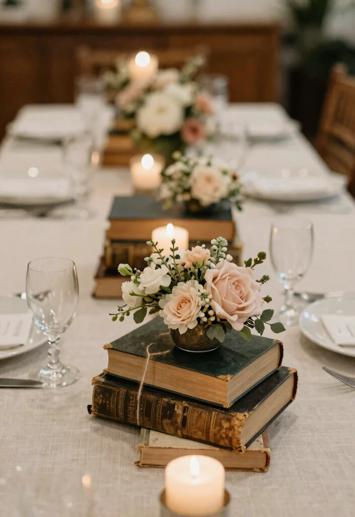 16 Table Decoration Ideas for Weddings That Work for Any Theme 12. Vintage Books as Table Decor 0