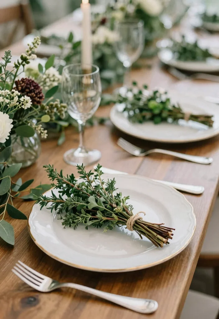 16 Table Decoration Ideas for Weddings That Work for Any Theme 8. Herb Bundles as Place Settings 0