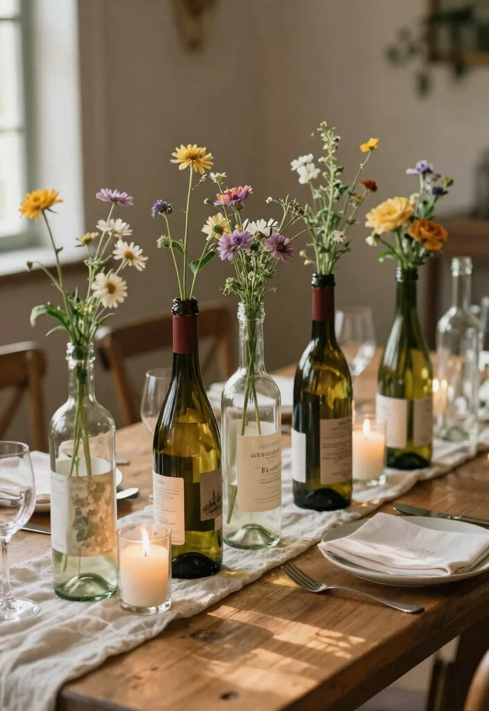 16 Table Decoration Ideas for Weddings That Work for Any Theme 9. Upcycled Wine Bottles 0