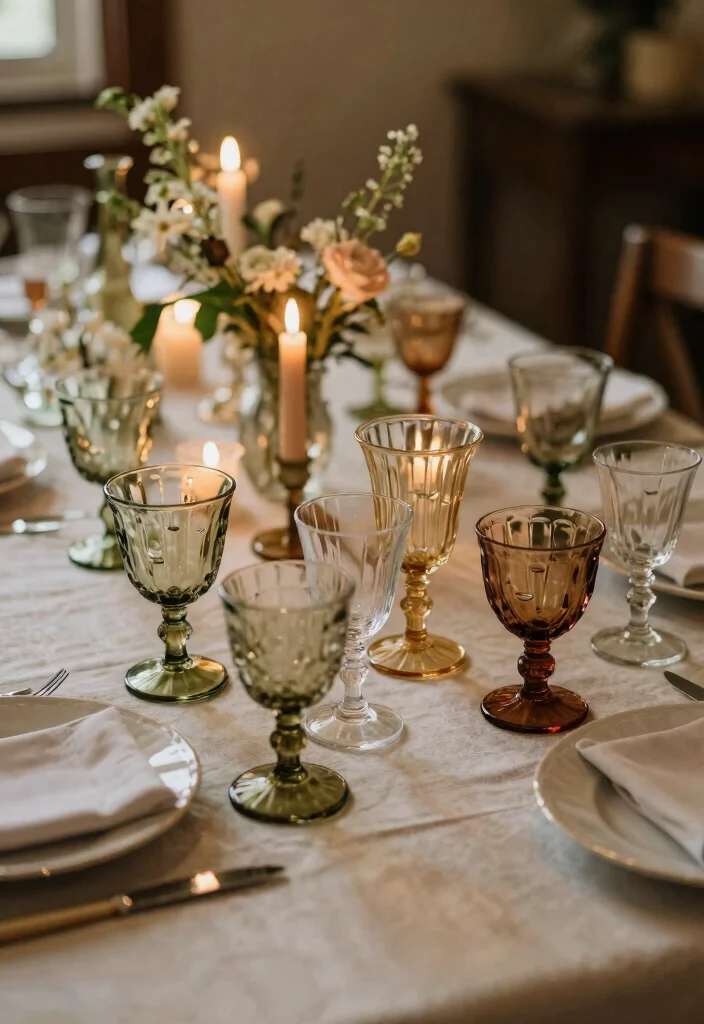 16 Wedding Table Decoration Ideas That Feel Elegant and Practical 14. Vintage Glassware 0