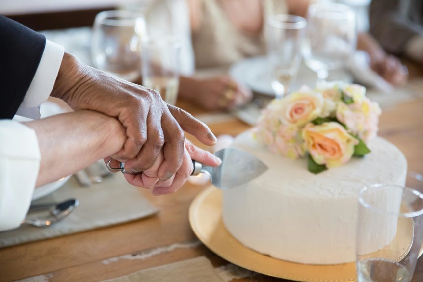 cutting wedding cake in steps