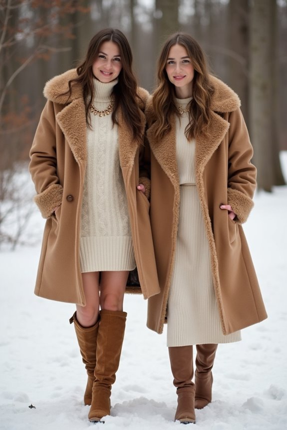 soft cream knit with camel coat ensemble