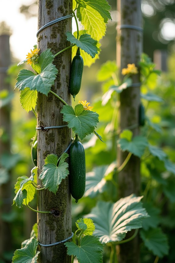 training cucumber vines upward with soft ties